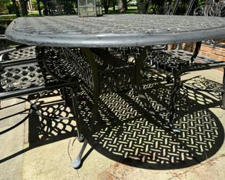 Cast aluminum dining table & 6 chairs                                              table: 29"h x 82" long x 42"w