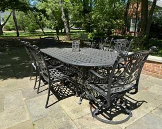 Cast aluminum dining table & 6 chairs                                              table: 29"h x 82" long x 42"w