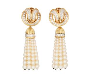 3
A Pair Of Tiffany & Co. Diamond And Cultured Pearl Earrings
Designed with 90 round brilliant-cut pavé-set diamonds weighing approximately 2.35 carats in 18K yellow gold suspending cultured pearl fringes, signed Tiffany & Co.

55.21 grams gross
2 pieces
2.63" H x .75" W (widest)
Estimate: $1,000 - $1,500