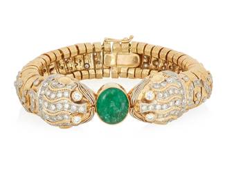 8
A Diamond And Emerald Bracelet
Centering an oval cabochon emerald measuring approximately 13.32 mm x 11.55 mm and 174 round brilliant-cut diamonds weighing approximately 2.30 carats, set in 18K yellow gold

99.63 grams gross
2" interior dia
Estimate: $1,200 - $1,500