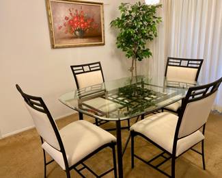 Heavy Glass Topped Table w/4  Upholstered Chairs