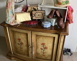 Vintage tole painted cabinet, vintage purses