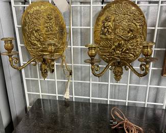 Pr. 19th C Bronze Repose' 2 Lite Sconces w Putti Scenes $275 Pr.