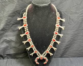 VTG Navajo Coral Sterling Squash Blossom Necklace