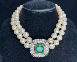 Les Bernard Faux Pearl & Green Crystal Necklace