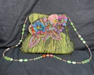 Mary Frances Green Pleated Beaded Shoulder Bag
