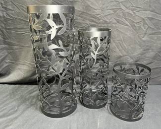 3 Black Metal Leaf Motif Pillar candle Holders