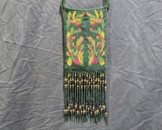 Dark Green Floral Beaded Bag with Fringe