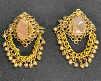 Rose Quartz /Gold Tone Necklace w/ Match Clip-Ons