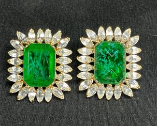 VTG Kenneth Lane Rhinestone & Green Clip Earrings