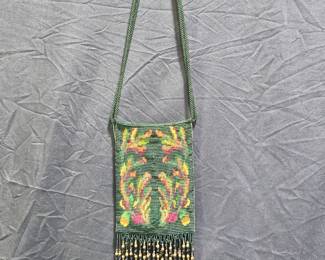 Dark Green Floral Beaded Bag with Fringe