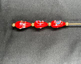 2 Art Glass Hat Pins & 5 VTG Rhinestone Hair Pins