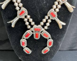 VTG Navajo Coral Sterling Squash Blossom Necklace
