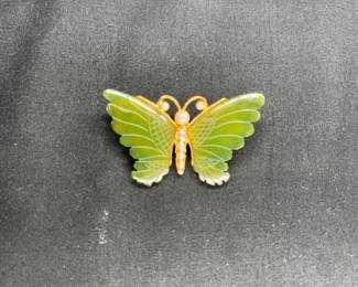 SWO.IN Jade & Goldtone Butterfly with Pearl Pin