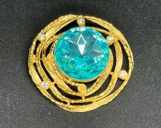 Craft Round Blue/Clear Rhinestone Goldtone Brooch