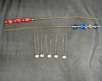 2 Art Glass Hat Pins & 5 VTG Rhinestone Hair Pins