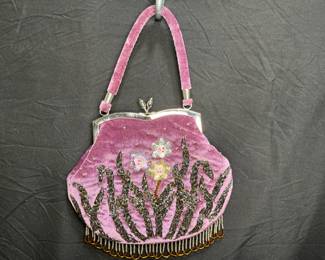  Purple Velour Beaded Hand Bag with Beaded Fringe