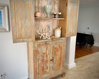 Warm-toned distressed china cabinet from Washburn Imports (36" width x 12" depth x 81" height) 
