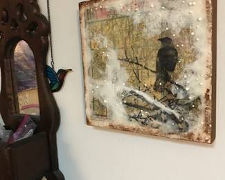 Encaustic artwork, hanging carved wood mirror