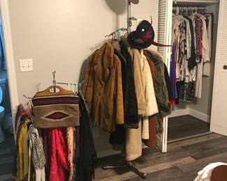 vintage clothes room: scarves, coats, jackets, hats, lingerie, robes