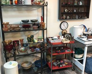 carnival glass, depression glass, studio pottery, enamel cart and table, vintage hamper