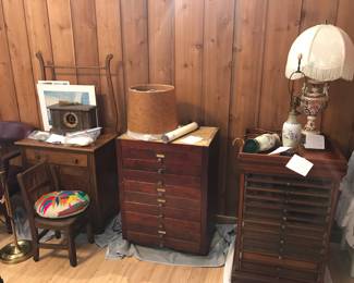 antique cabinets, lamps, oak washstand, vintage chairs, handmade pilllow