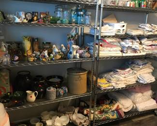 collectables, glass, aluminum, stoneware, fire king, linens, embroidered, lace, gold flatware