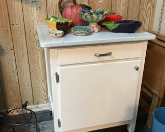 enamel top kitchen cabinet, pottery