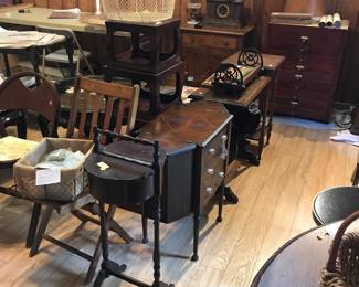 antique and vintage furniture: antique stickley sewing table with swivel top, sewing cabinet, stacking wood accent tables, vintage chairs, 