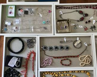vintage and antique jewelry: sterling, glass, crystal, rhinestone, pearl, coral, 