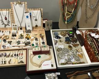 so. much. jewelry. Amber, collectable broaches and pins, earrings, silver poison rings, cameos, gemstone, vintage christian dior belt