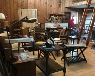 tons of antique tables, chairs, and cabinets, folding wood cart