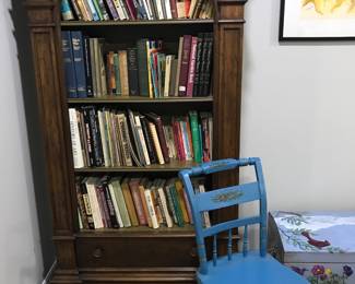 drexel bookcase, art and psychology books, painted antique chair