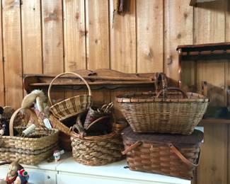 baskets, wood wall shelves
