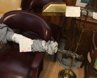 brass floor lamp, office chairs, antique curtain rods