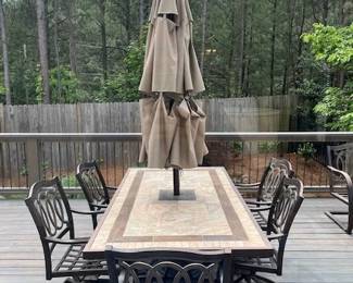 Outdoor dining table for 6 with chairs (seat cushions included) and LED umbrella