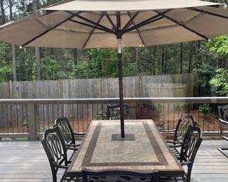 Outdoor dining table for 6 with chairs (seat cushions included) and LED umbrella