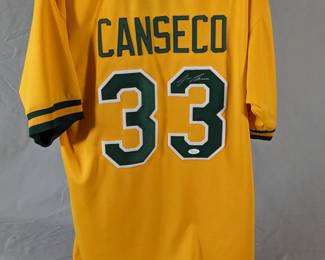 Lot 110: Autographed Oakland A's Jose Canseco jersey in size XL with JSA certification card