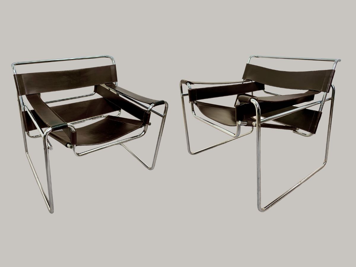 #117 • Pair Early Stendig/ Gavina Marcel Brauer Wassily B3 Arm Chairs- Brown Leather & Chrome
