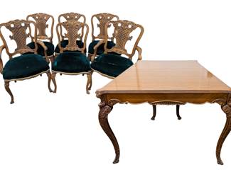 #28 • Vintage French Provincial Dining Table, 6 Upholstered Chairs, and Two Leaves, Carved Detail
