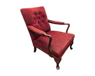 #103 • Queen Anne Style Red Velvet & Wood Arm Chair w/ Springs
