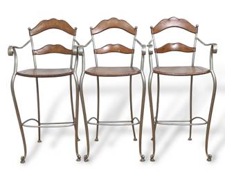 #83 • Frontgate Buffalo Leather and Iron Rustic Bar Height Stools - Set of 3
