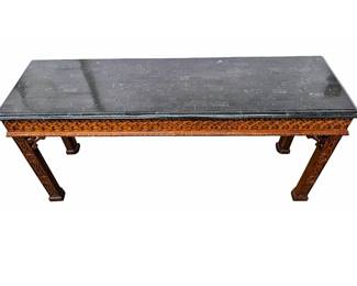 #55 • 1990's Asian Chippendale Style Mahogany Console with Black Faux Marble Top
