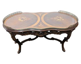 #104 • Oval Carved Inlaid French Style Coffee Table with Glass Top
