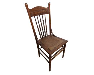 #97 • Carved Oak Spindle Back Dining Chair with Embossed Leather Seat

