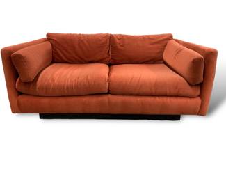 #79 • Vintage Velvet Orange/Red Sofa w/ Black Wood Platform
