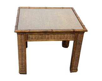 #63 • Vintage Rattan & Bamboo Glass Top Side Table
