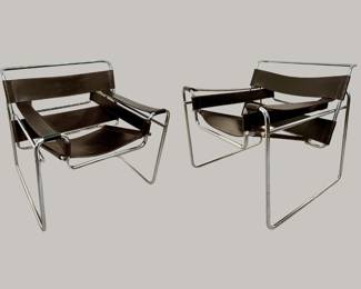 #117 • Pair Early Stendig/ Gavina Marcel Brauer Wassily B3 Arm Chairs- Brown Leather & Chrome
