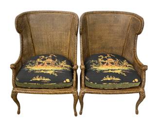 #68 • Pair Caned Bergere Armchairs w/ Reversible Cushions- Made in Spain
