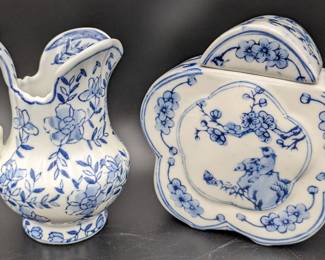 #149 • Porcelain Andrea by Sadek Pitcher with Flow Blue Flower Jar
